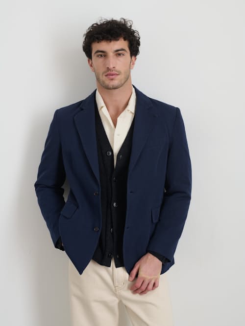 on model image of Grant Cotton Linen Blazer