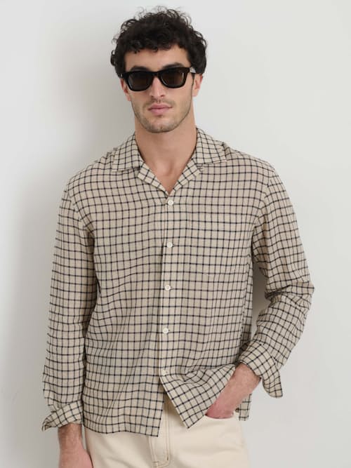 on model image of Mason Plaid Long Sleeve Shirt