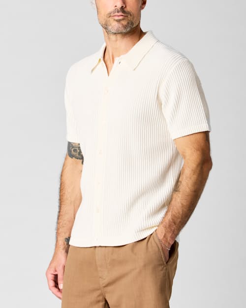 on model image of Ribbed Button-Up Sweater Polo