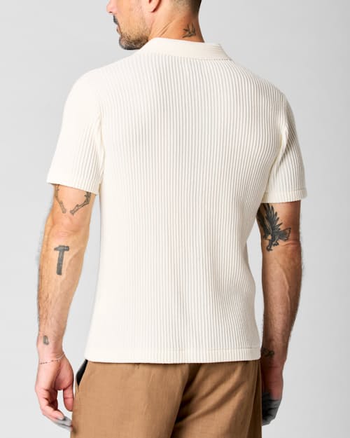 on model image of Ribbed Button-Up Sweater Polo