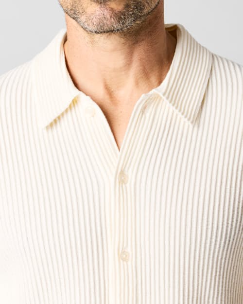 on model image of Ribbed Button-Up Sweater Polo