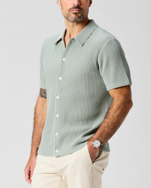 lifestyle image of Ribbed Button-Up Sweater Polo
