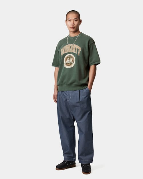 on model image of Collegiate Library Short Sleeve Crew Sweatshirt