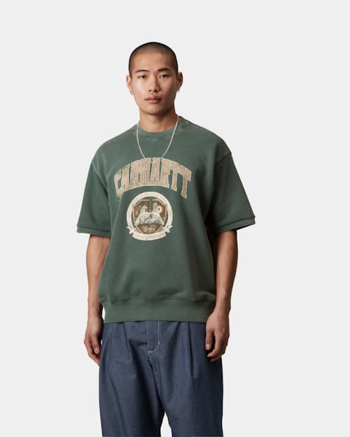 on model image of Collegiate Library Short Sleeve Crew Sweatshirt