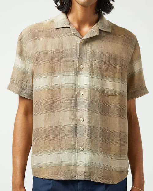 on model image of Asheville Linen Camp Collar Short Sleeve Shirt
