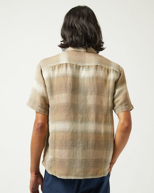 on model image of Asheville Linen Camp Collar Short Sleeve Shirt