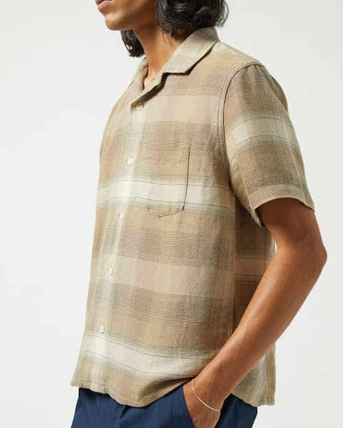 on model image of Asheville Linen Camp Collar Short Sleeve Shirt