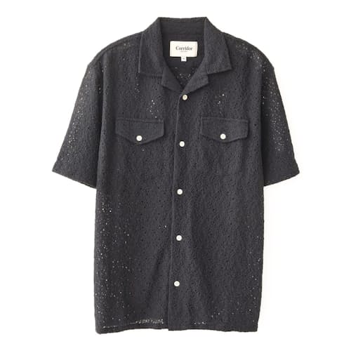 laydown image of Floral Lace Camp Collar Short Sleeve Shirt