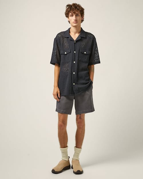 on model image of Floral Lace Camp Collar Short Sleeve Shirt