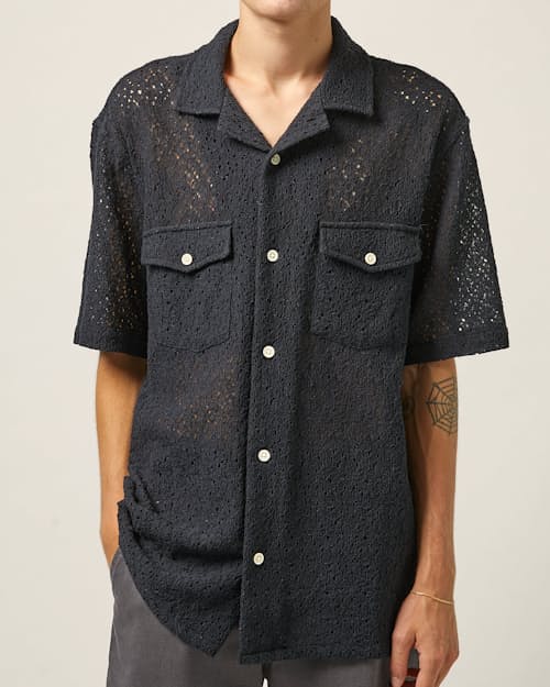 on model image of Floral Lace Camp Collar Short Sleeve Shirt