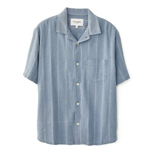 laydown image of Striped Seersucker Camp Collar Short Sleeve Shirt