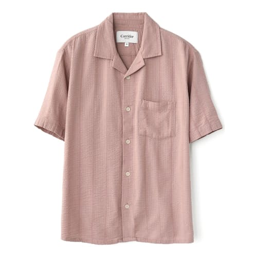 laydown image of Striped Seersucker Camp Collar Short Sleeve Shirt