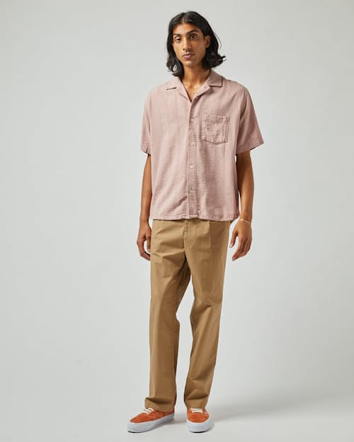 on model image of Striped Seersucker Camp Collar Short Sleeve Shirt