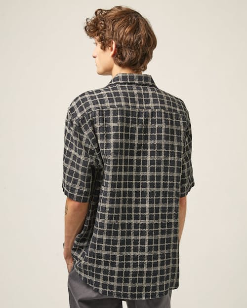 on model image of Wavy Linen Camp Collar Short Sleeve Shirt