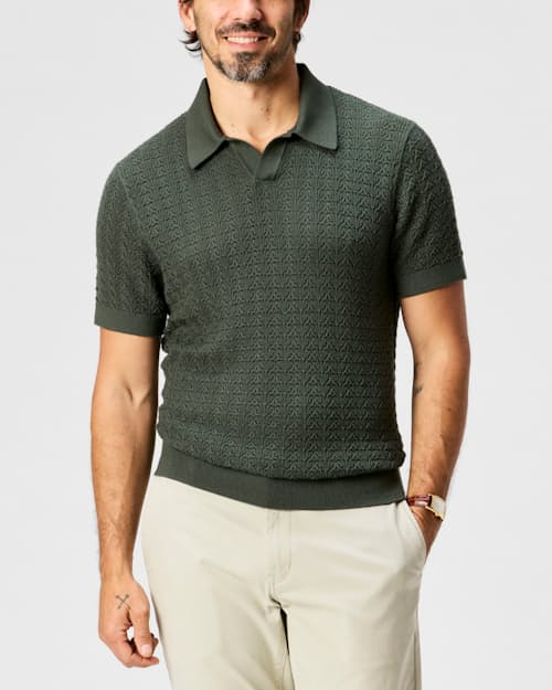 on model image of Retro Stitch Johnny Collar Polo