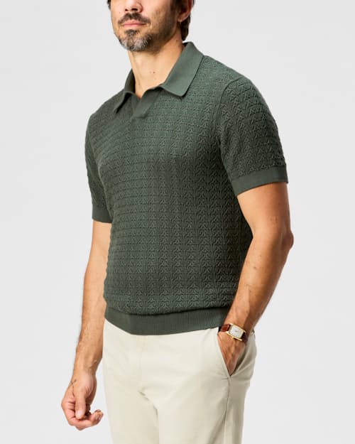 on model image of Retro Stitch Johnny Collar Polo