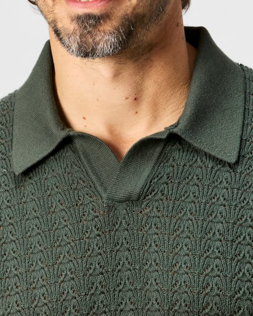 on model image of Retro Stitch Johnny Collar Polo