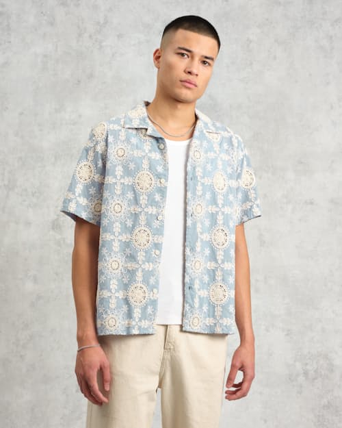 on model image of Didcot Corded Floral Lace Short Sleeve Shirt