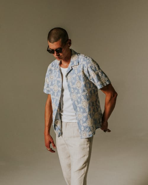 lifestyle image of Didcot Corded Floral Lace Short Sleeve Shirt