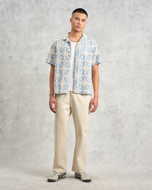 on model image of Didcot Corded Floral Lace Short Sleeve Shirt