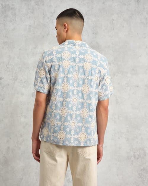 on model image of Didcot Corded Floral Lace Short Sleeve Shirt