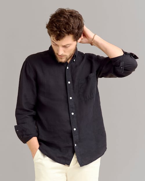 on model image of Tuscumbia Linen Shirt