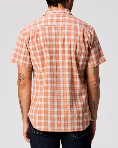 on model image of Seersucker Short Sleeve Button Down