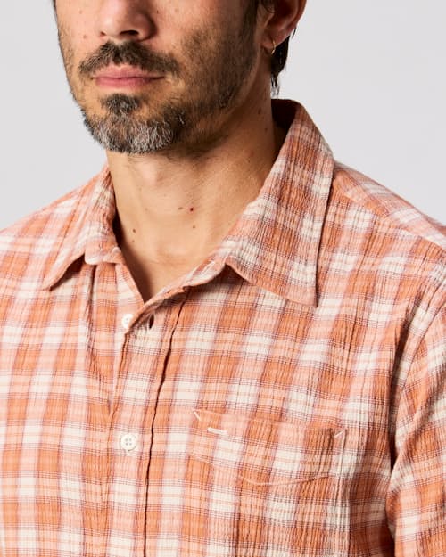 on model image of Seersucker Short Sleeve Button Down