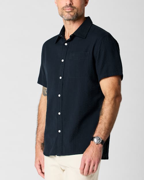 on model image of Seersucker Short Sleeve Shirt