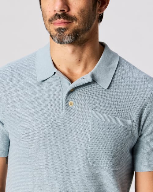 on model image of Cotton Linen Sweater Polo Shirt