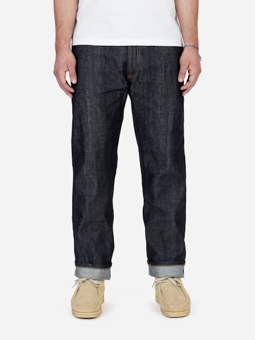 on model image of Classic Straight Selvedge Denim Jeans