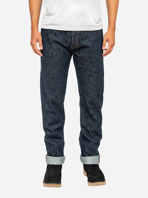 on model image of Classic Straight Selvedge Denim Jeans