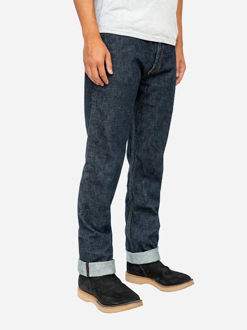 on model image of Classic Straight Selvedge Denim Jeans