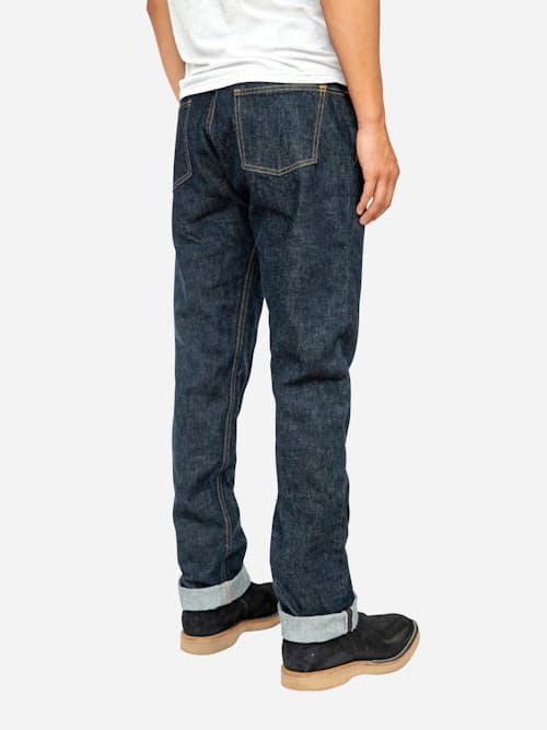 on model image of Classic Straight Selvedge Denim Jeans