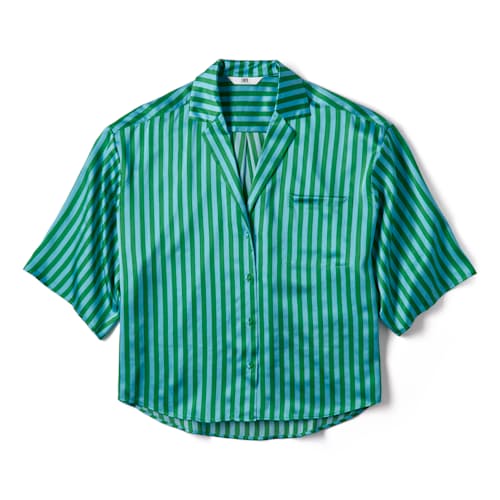 laydown image of Women's Washable Silk Relaxed Button Up Short Set