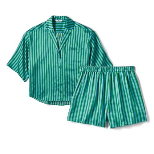 laydown image of Women's Washable Silk Relaxed Button Up Short Set
