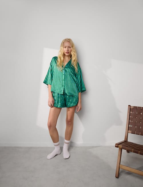 on model image of Women's Washable Silk Relaxed Button Up Short Set