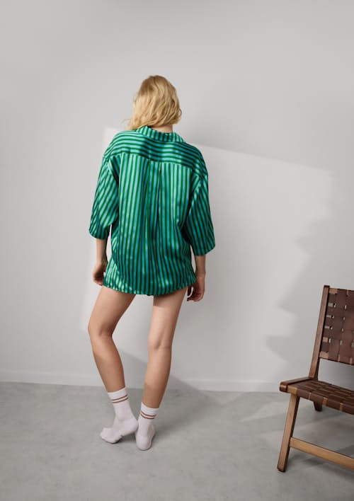 on model image of Women's Washable Silk Relaxed Button Up Short Set