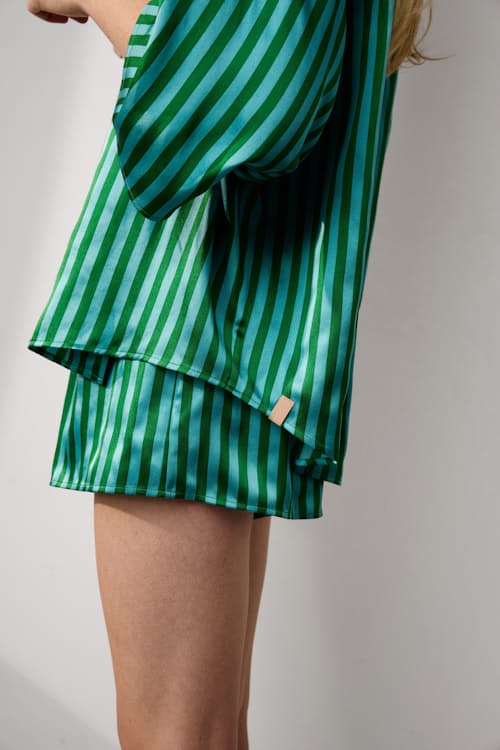 on model image of Women's Washable Silk Relaxed Button Up Short Set