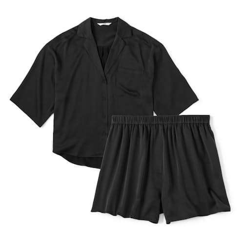 laydown image of Women's Washable Silk Relaxed Button Up Short Set