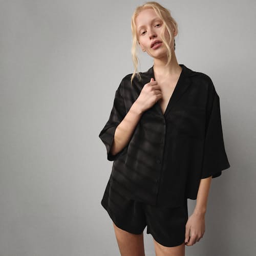 on model image of Women's Washable Silk Relaxed Button Up Short Set
