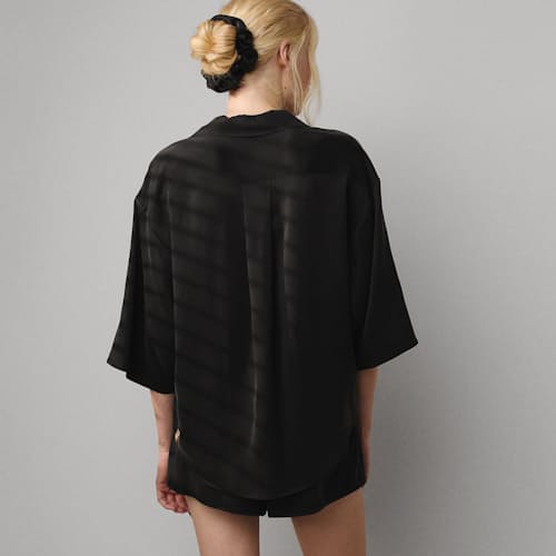 on model image of Women's Washable Silk Relaxed Button Up Short Set
