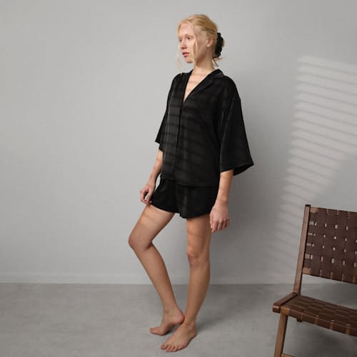 on model image of Women's Washable Silk Relaxed Button Up Short Set