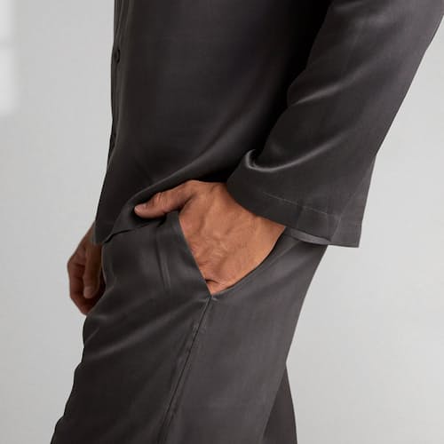 lifestyle image of Washable Silk Button Up Set