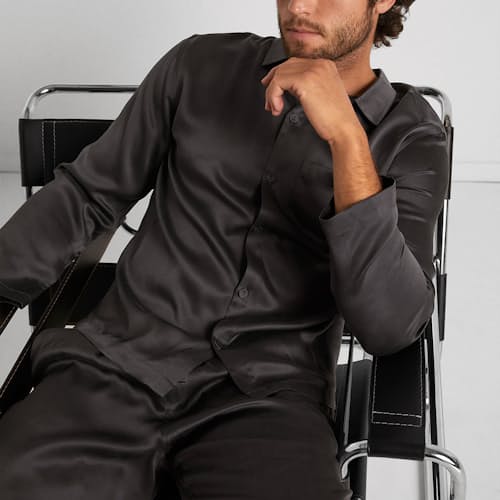 lifestyle image of Washable Silk Button Up Set