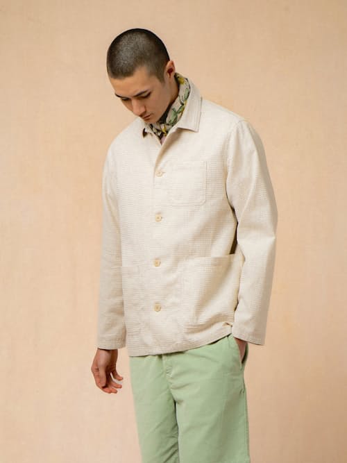 on model image of Ormiston Linen Chore Jacket