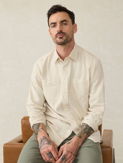 on model image of Tried and True Chambray Shirt