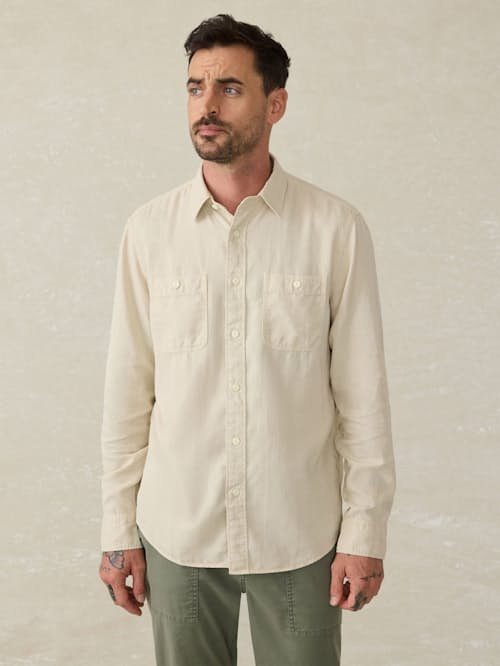 on model image of Tried and True Chambray Shirt