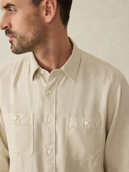 on model image of Tried and True Chambray Shirt
