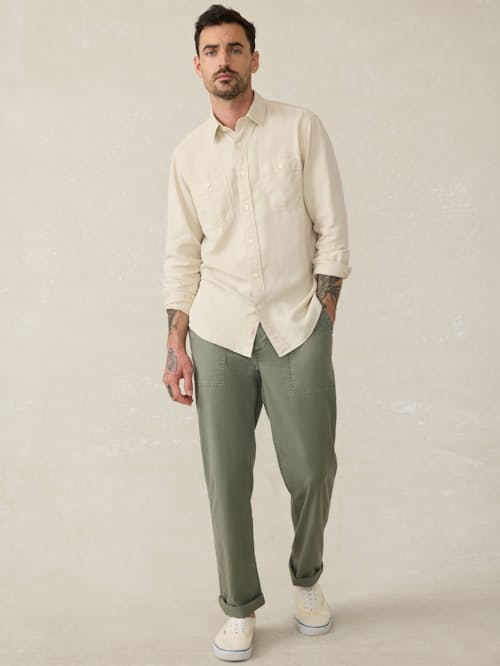 on model image of Tried and True Chambray Shirt